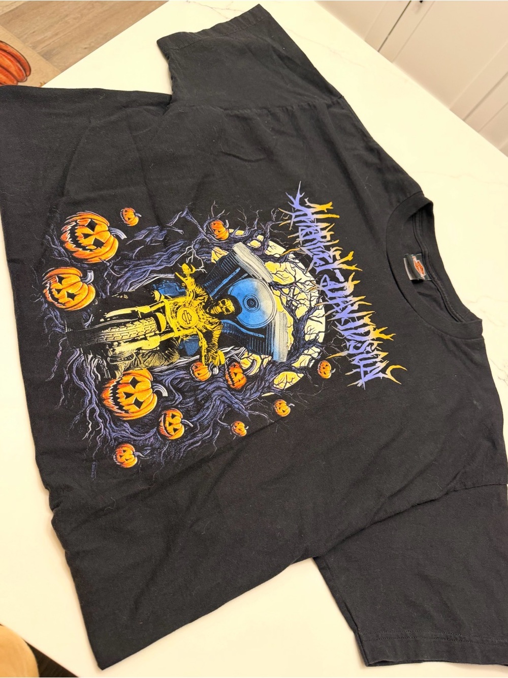 Harley-Davidson Black Halloween Motorcycle Graphic Tee with Orange Pumpkins
